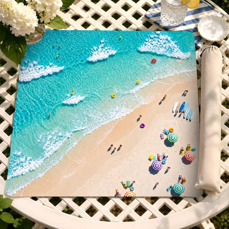 May include: A square beach mat featuring an aerial view of a turquoise ocean with white waves, a sandy shore, and colorful beach umbrellas, surfboards, and swimmers. The mat is displayed alongside a matching beige fabric carrying case.