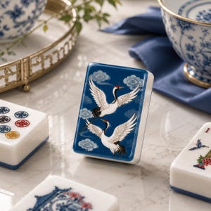 May include: A rectangular mahjong tile featuring a deep blue background with two white cranes in flight, accented by red crests and stylized clouds. The tile has a smooth, glossy finish and is positioned upright among other game tiles.