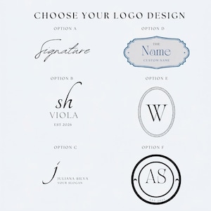 May include: A graphic display titled CHOOSE YOUR LOGO DESIGN featuring six distinct black and blue logo options labeled A through F. The designs include various serif and script typography, decorative borders, and circular or oval frames with text.