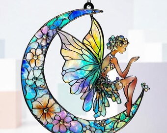 Acchiappasole in resina con fata, luna e vetro colorato, decorazione da giardino, creatura mitica, fata celeste, regalo per lei