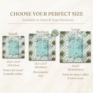 May include: A size guide for a square table mat featuring a swimming pool graphic with a checkered border and palm trees. Three sizes are shown: Small 20.9 x 20.9 inches, Medium 31.5 x 31.5 inches, and Large 33 x 33 inches, with 2mm and 3mm thickness options.