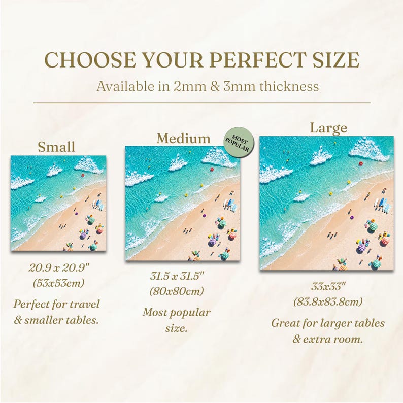 May include: A size guide for square beach-themed table covers, showing three options: Small at 20.9 x 20.9 inches, Medium at 31.5 x 31.5 inches, and Large at 33 x 33 inches. The text indicates availability in 2mm and 3mm thickness for all sizes.