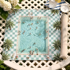 Overhead Pool View MAhjong Mat, Vintage Summer Scene Table Decor, Aqua Tile Resort Vibe, Beach House Gift Idea image 1