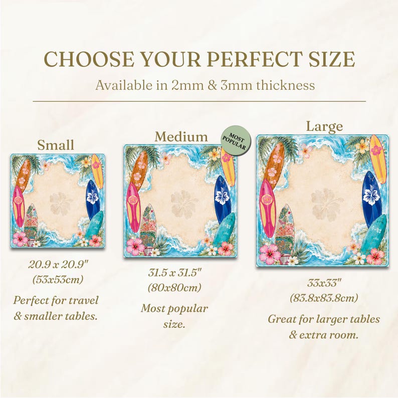 May include: A size guide for square mats featuring a tropical beach theme with surfboards, hibiscus flowers, and ocean waves. Three sizes are shown: Small 20.9 x 20.9 inches, Medium 31.5 x 31.5 inches, and Large 33 x 33 inches, with 2mm and 3mm thickness options.