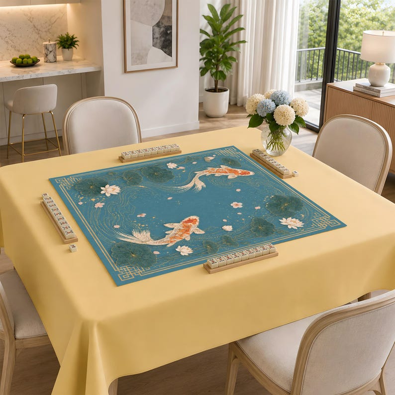 May include: A square mahjong table mat featuring a teal blue surface with a printed design of two koi fish, lotus flowers, and lily pads. The mat is centered on a yellow tablecloth, surrounded by four mahjong tile racks and a glass vase of flowers.