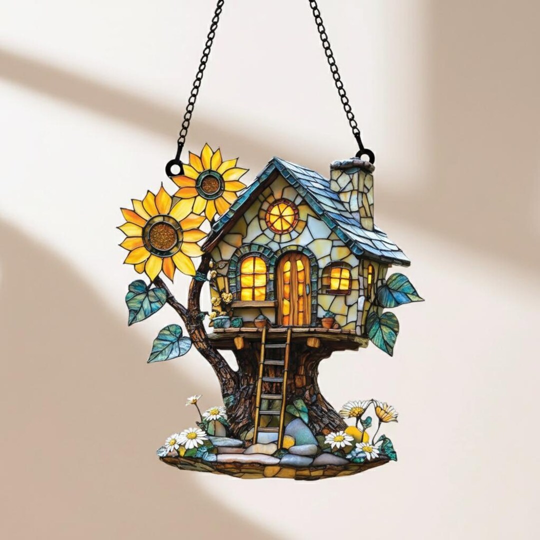 Whimsical Treehouse Window Suncatcher, Rustic Sunflower Fairy Cottage ...