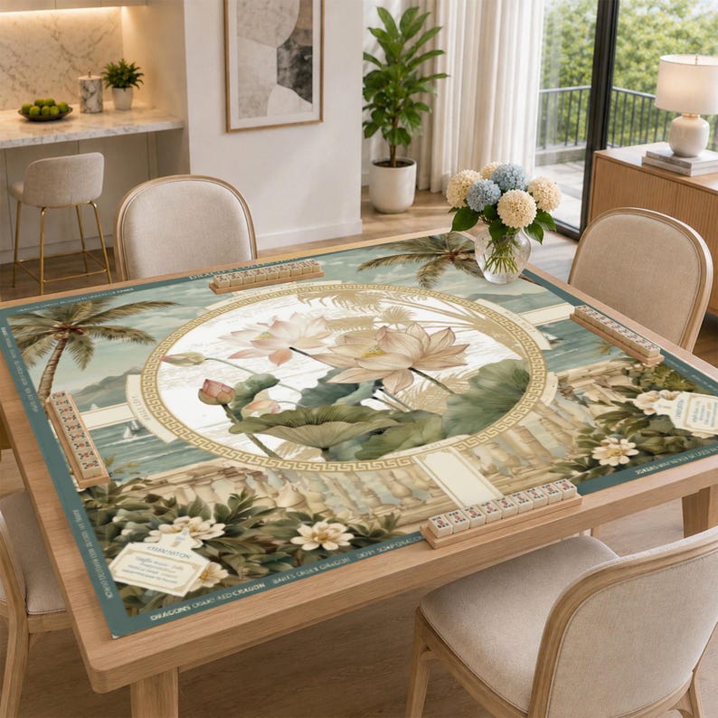 Puede incluir: Un tapete cuadrado para mesa de mahjong con un dise&ntilde;o circular central de flores de loto en flor y hojas verdes, rodeado por un borde de greca. El fondo muestra un paisaje tropical con palmeras y una balaustrada de piedra.