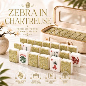 May include: A mahjong set featuring white tiles with a chartreuse zebra stripe pattern on the back. Some tiles display red and black characters, a red dragon, and a green zebra icon with the text JOKER. Includes a beige travel case.