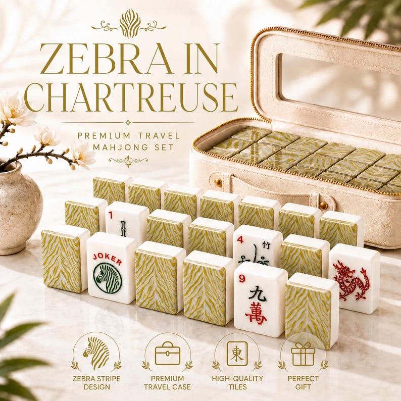 May include: A mahjong set featuring white tiles with a chartreuse zebra stripe pattern on the back. Some tiles display red and black characters, a red dragon, and a green zebra icon with the text JOKER. Includes a beige travel case.