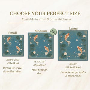 May include: Three square mats with a blue background featuring orange koi fish and white lotus flowers. Sizes include 20.9 x 20.9 inches, 31.5 x 31.5 inches, and 33 x 33 inches. Text includes CHOOSE YOUR PERFECT SIZE, 2mm & 3mm thickness, and MOST POPULAR.