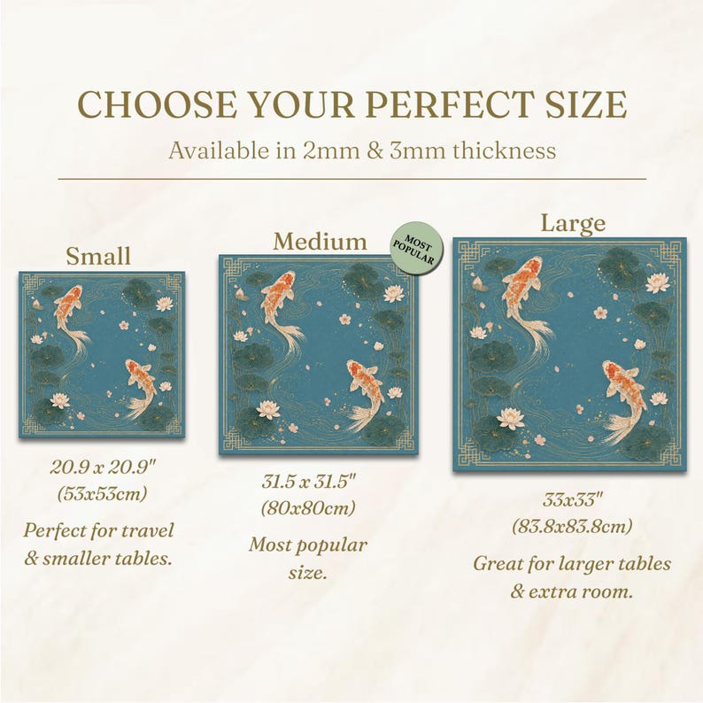 May include: Three square mats with a blue background featuring orange koi fish and white lotus flowers. Sizes include 20.9 x 20.9 inches, 31.5 x 31.5 inches, and 33 x 33 inches. Text includes CHOOSE YOUR PERFECT SIZE, 2mm & 3mm thickness, and MOST POPULAR.
