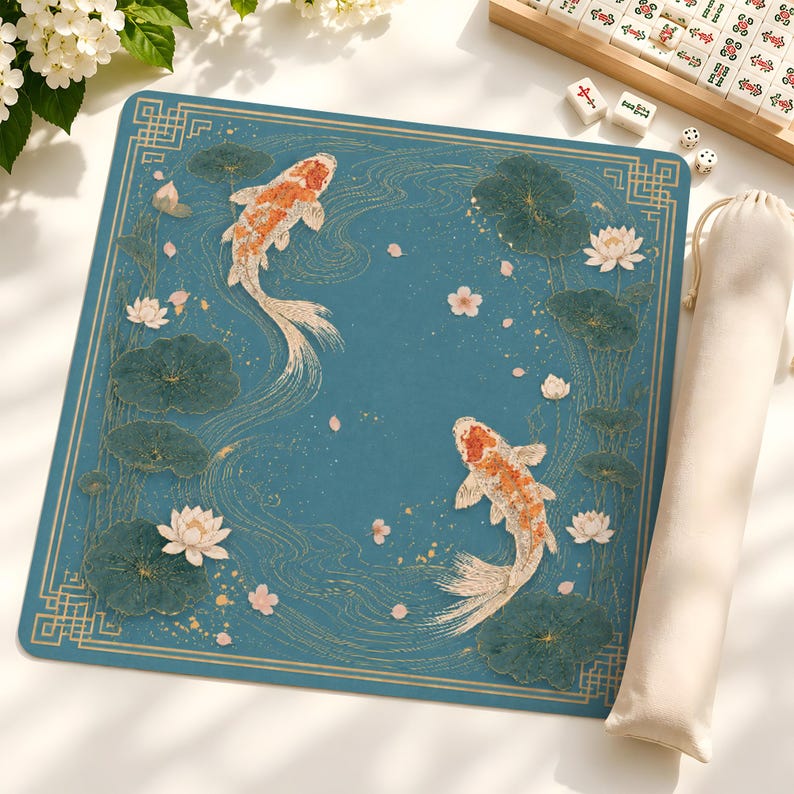 May include: A square blue mat featuring two orange and white koi fish swimming among dark green lily pads and white lotus flowers. The design includes gold line art of water ripples and a geometric border, accompanied by a beige fabric storage bag.