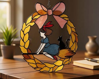 Acchiappasole in vetro colorato con piccola strega sulla scopa, decorazione per finestra, decorazione per finestra in acrilico, regalo per fan di anime, decorazione per la casa