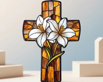Bellissimo acchiappasole a forma di croce in vetro colorato con gigli, decorazione spirituale per la casa, pannello per finestra in acrilico, regalo di Pasqua cristiano