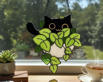 Acchiappasole in vetro colorato a forma di gatto nero, che sbircia dalla finestra di un vaso da fiori, regalo unico per gli amanti degli animali, arredamento originale per la casa per le mamme amanti delle piante.