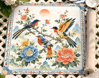Elegante tappetino da Mahjong in stile Chinoiserie, con vivaci motivi di uccelli e peonie, decorazione floreale asiatica per la tavola e superficie di gioco antiscivolo.