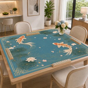 May include: A square mahjong table mat featuring a teal blue background with two orange and white koi fish, green lotus leaves, and white lotus flowers. The mat has a gold-colored geometric border and four rectangular tile racks on the edges.