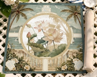 Elegante tappetino da Mahjong con design tropicale di loto e palma / Tappetino da tavolo premium per serate di gioco / Regalo unico per gli amanti del Mahjong