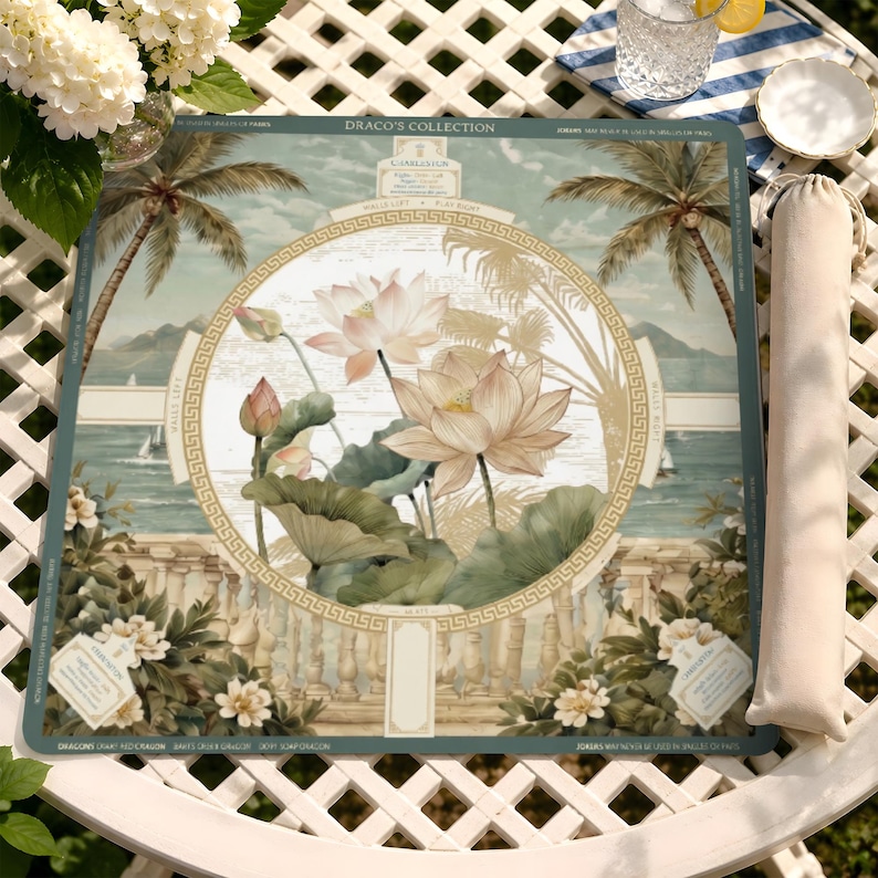 Tapete de Mahjong elegante con diseño de loto tropical y palmera / Tapete de mesa premium para noches de juegos / Regalo único de decoración para el hogar para amantes del Mahjong imagen 1