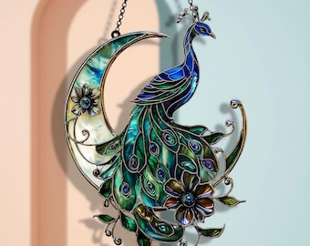 Acchiappasole a forma di pavone in vetro colorato, elegante decorazione da finestra a forma di mezzaluna, finta vetrata artistica, regalo decorativo unico a forma di uccello