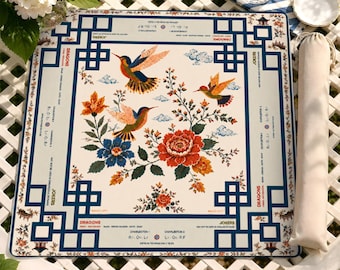 Mahjong Game Mat With Chinoiserie Bird And Floral Design, Elegant Square Tabletop Board Game Accessory, Unique Mahjong Night Decor Gift