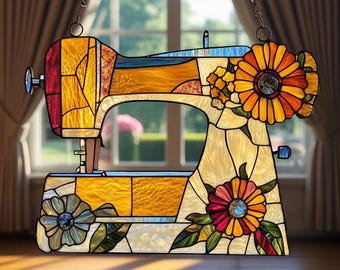 Faux Stained Glass Sewing Machine Ornament, Floral Window Hanging