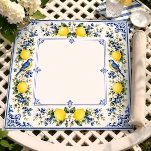 Elegant Lemon Blueberry Mahjong Mat With Blue Birds And Floral Design | Vibrant Italian Style Game Table Protector