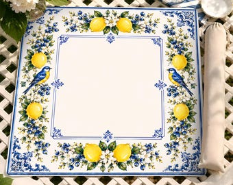 Elegant Lemon Blueberry Mahjong Mat With Blue Birds And Floral Design | Vibrant Italian Style Game Table Protector