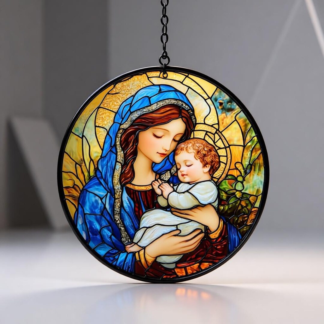 Virgin Mary and Baby Jesus Suncatcher Acrylic Window Hanging Faux ...