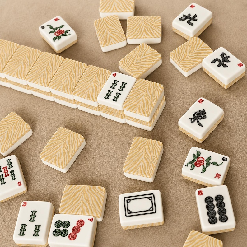 May include: A collection of mahjong tiles featuring a mix of white tiles with black, red, and green ink illustrations of characters, bamboo, and circles, alongside tiles with a tan and white tiger-stripe pattern on the reverse side.