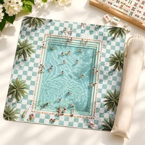 Overhead Pool View MAhjong Mat, Vintage Summer Scene Table Decor, Aqua Tile Resort Vibe, Beach House Gift Idea image 6
