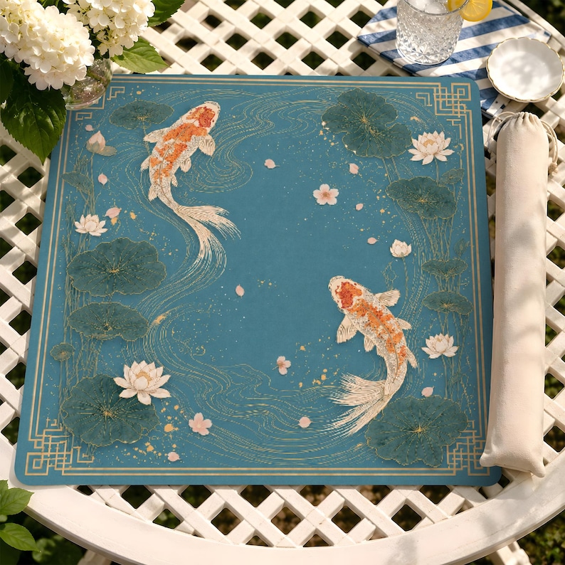 Luxury Mahjong Mat With Koi Fish And Lotus Design, Elegant Asian Gaming Table Pad, Waterproof Board Game Accessory, Unique Gift image 1
