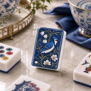 May include: A rectangular mahjong tile featuring a detailed illustration of a blue jay perched among white floral vines on a deep blue background. The tile has a white base with a blue border, showcasing intricate artwork of the bird and flowers.