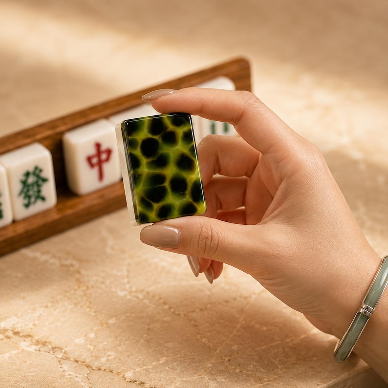May include: A rectangular mahjong tile featuring a green and black tortoiseshell pattern on its face. The tile is held upright, displaying its textured, mottled surface. In the background, a wooden rack holds additional white mahjong tiles.