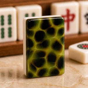 May include: A rectangular mahjong tile featuring a glossy, dark green and black mottled pattern on its front face. The tile has smooth, white side edges and is positioned upright, with other white mahjong tiles visible in the background.