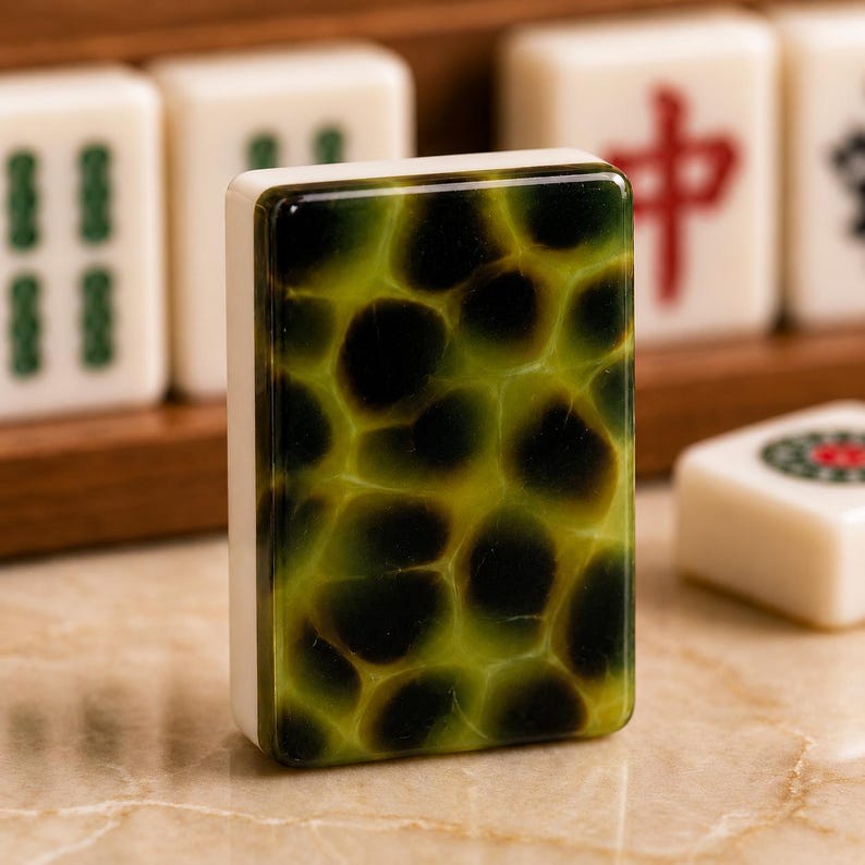 May include: A rectangular mahjong tile featuring a glossy, dark green and black mottled pattern on its front face. The tile has smooth, white side edges and is positioned upright, with other white mahjong tiles visible in the background.