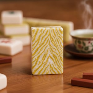 May include: A rectangular mahjong tile featuring a yellow and white tiger stripe pattern on its back. The tile stands upright on a wooden surface, surrounded by other blurred mahjong tiles and a small teacup with steam rising from it.