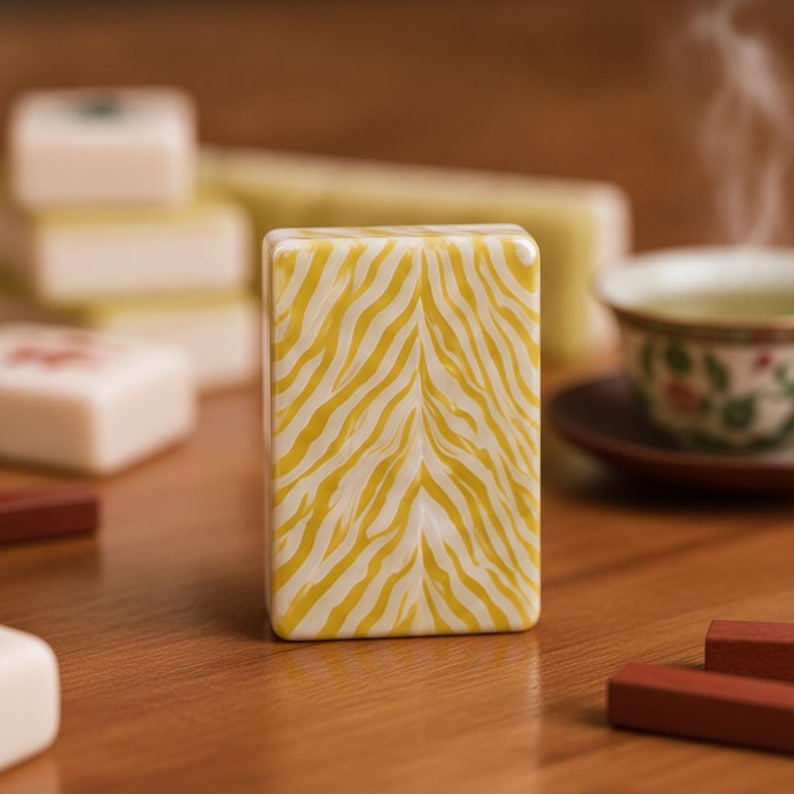 May include: A rectangular mahjong tile featuring a yellow and white tiger stripe pattern on its back. The tile stands upright on a wooden surface, surrounded by other blurred mahjong tiles and a small teacup with steam rising from it.