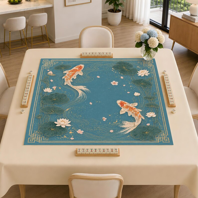 May include: A square mahjong mat featuring a blue background with two orange and white koi fish swimming among green lily pads and white lotus flowers. The mat has a gold geometric border and is surrounded by four mahjong tile racks.
