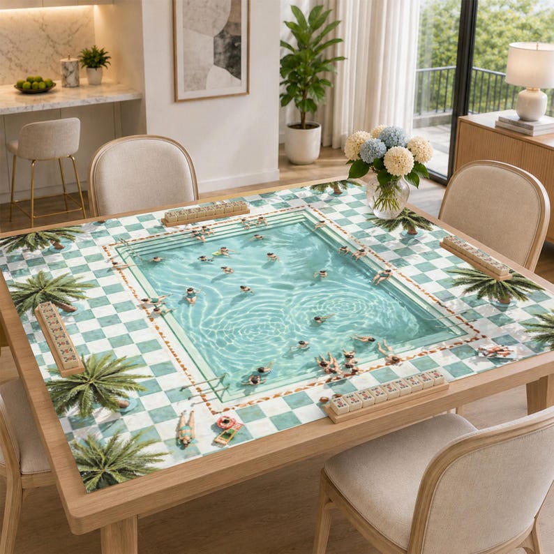 May include: A square table cover featuring a printed swimming pool scene with light blue water, swimmers, and palm trees, surrounded by a white and teal checkered border. Four wooden tile racks are placed along the edges of the table surface.