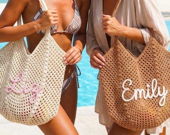 Gepersonaliseerde gehaakte strandtas, handgebreide draagtas, reiscadeau bruidsmeisje