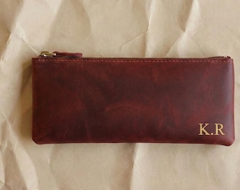 Personalized Crazy Horse Leather Pencil Case | Custom Zipper Pen Pouch