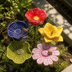 May include: Five ceramic flower sculptures on thin metal stems, featuring a red, blue, yellow, green, and pink blossom. Each flower has a glossy finish and a central basin. Several honeybees are perched on the petals or flying nearby.