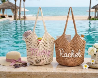 Gepersonaliseerde gehaakte strandtas, cadeau bruidsmeisje, zomerschoudertas
