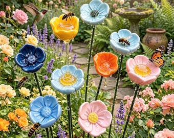 Resin Flower Garden Stakes, Bee Butterfly Water Station, Cottagecore Yard Decor