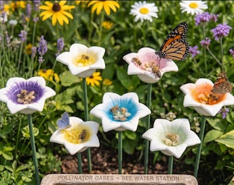 Pre order Butterfly & Bee Water Station | Ceramic morning glory gradient flower Pollinator Drinking Cups  | Garden Bug Feeder