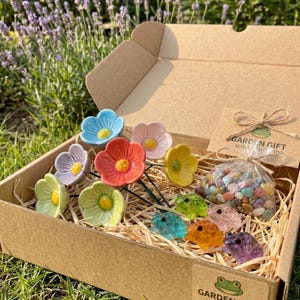 May include: A gift box filled with colorful ceramic flower garden stakes and small glass frog figurines. The flowers are in shades of blue, pink, red, yellow, and green. The frogs are in various colors. The box also contains a bag of decorative stones.