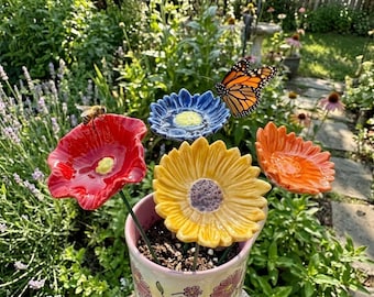 4 Pack Ceramic Flower Bee Water Station | Garden Art, Pollinator Landing Pads