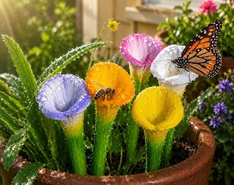 May include: A brown ceramic pot containing several trumpet-shaped flowers in shades of purple, orange, yellow, and white, covered in water droplets. A monarch butterfly rests on the white flower, while a honeybee sits inside the orange flower.