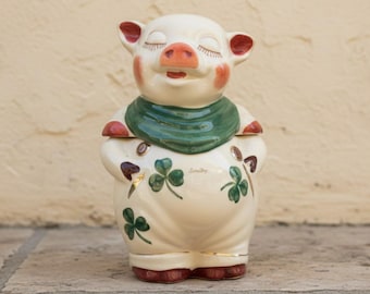 Vintage Shawnee Smiley Pig Cookie Jar Shamrock Clover Pattern Irish Kitchen Decor | Repaired